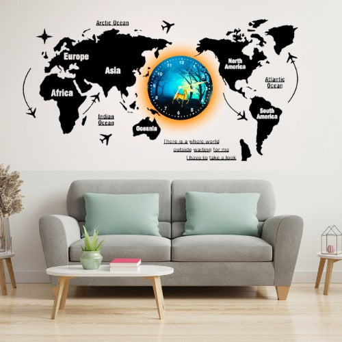 3D Wooden World Map With Esthetic Dial Wall Clock | Best Quality Wall Clock For Home Decor | Home Decor Clock 40 inch - With Light
